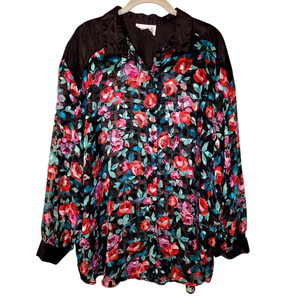 Vintage Teddi Sheer Floral Button Down Shirt | Size 2X